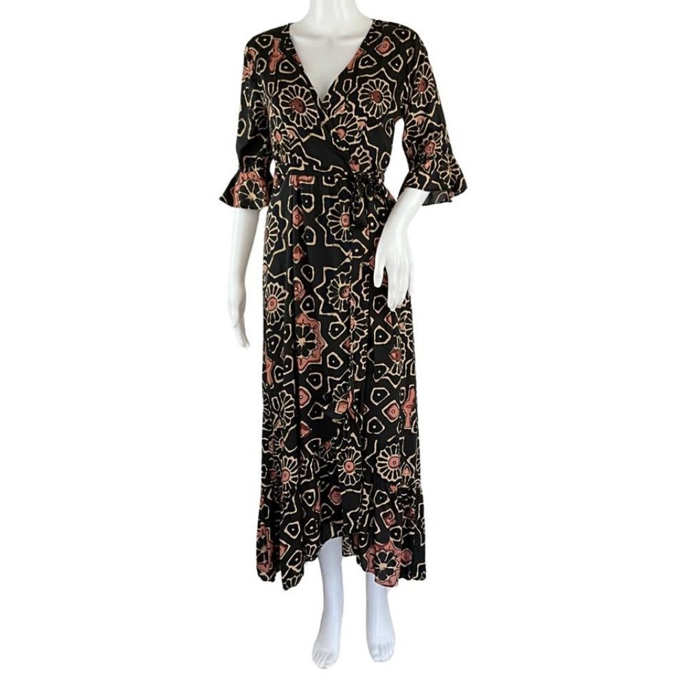 Letmebe Women’s By Anthropologie 3/4 Ruffle Sleeve Maxi Dress Multicolor Sz XS